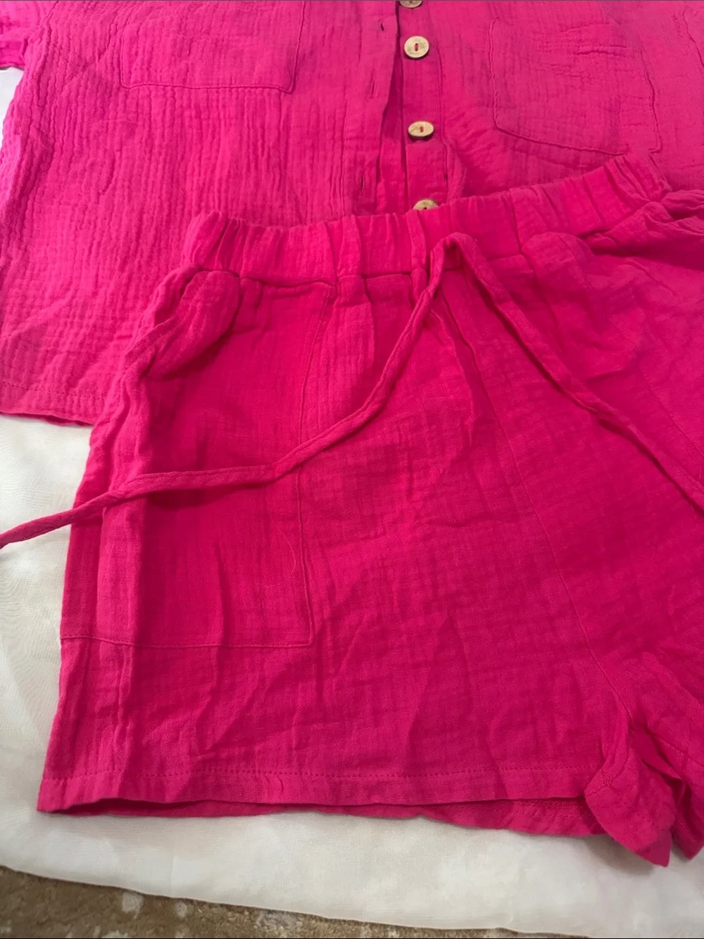 Bright Pink Two-Piece Button Shirt & Drawstring Shorts Set